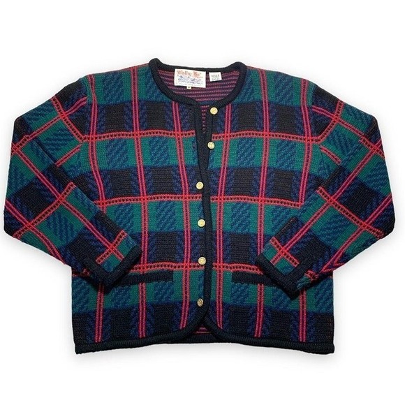 Vintage Tally Ho Plaid‎ Knit Cardigan Sweater - Picture 1 of 4